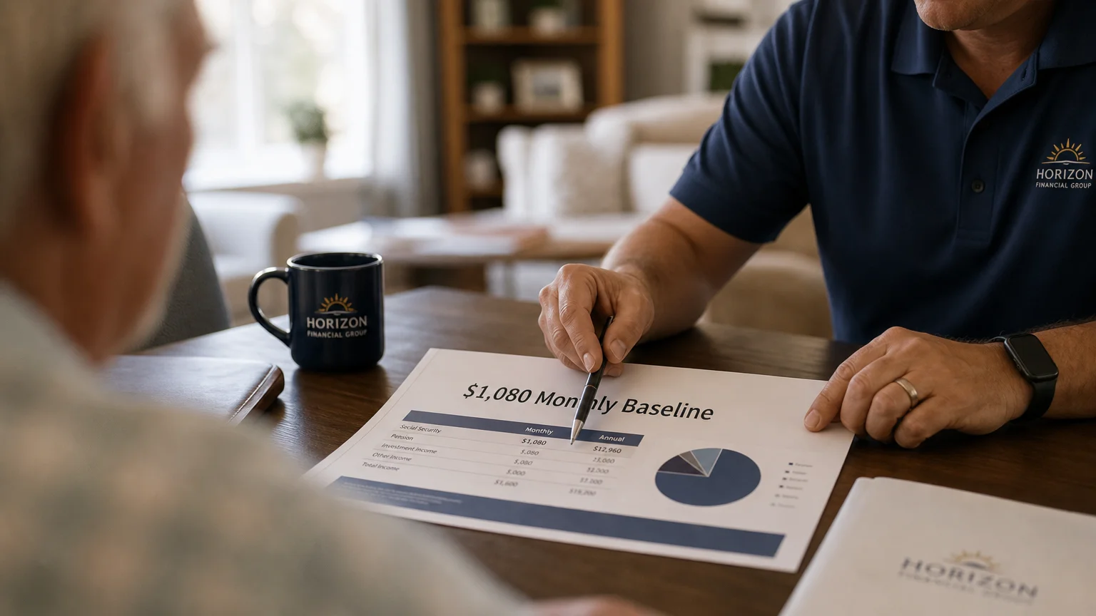 A financial advisor points to a budget document during a meeting with a retiree at a kitchen table.