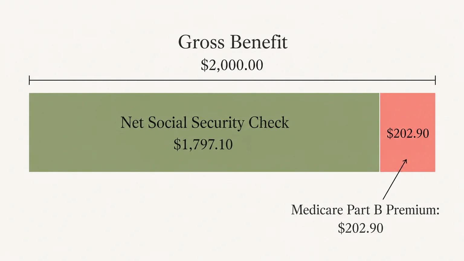 A financial diagram showing the $202.90 Medicare Part B premium deducted from a gross Social Security benefit bar.