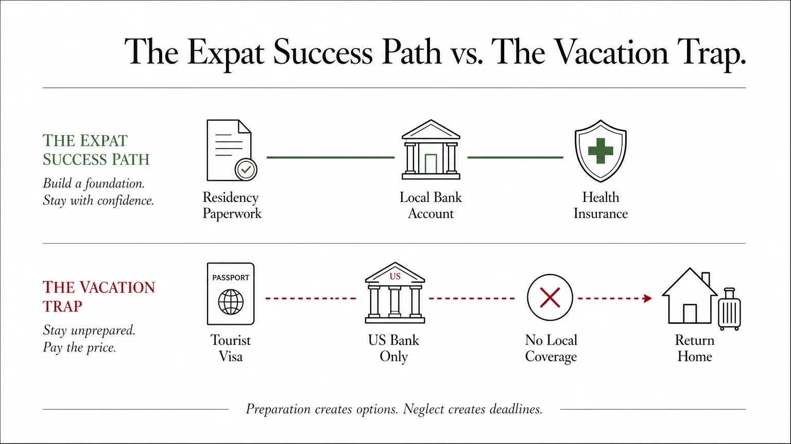 A flowchart comparing a successful retirement move to common mistakes like ignoring visa and insurance needs.
