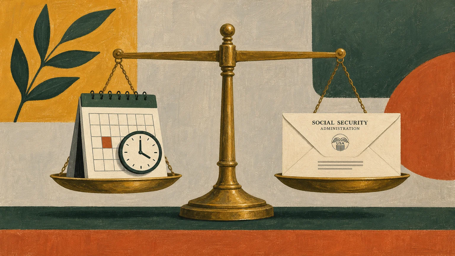 A gouache illustration of a balance scale with a clock calendar on one side and a benefit envelope on the other.