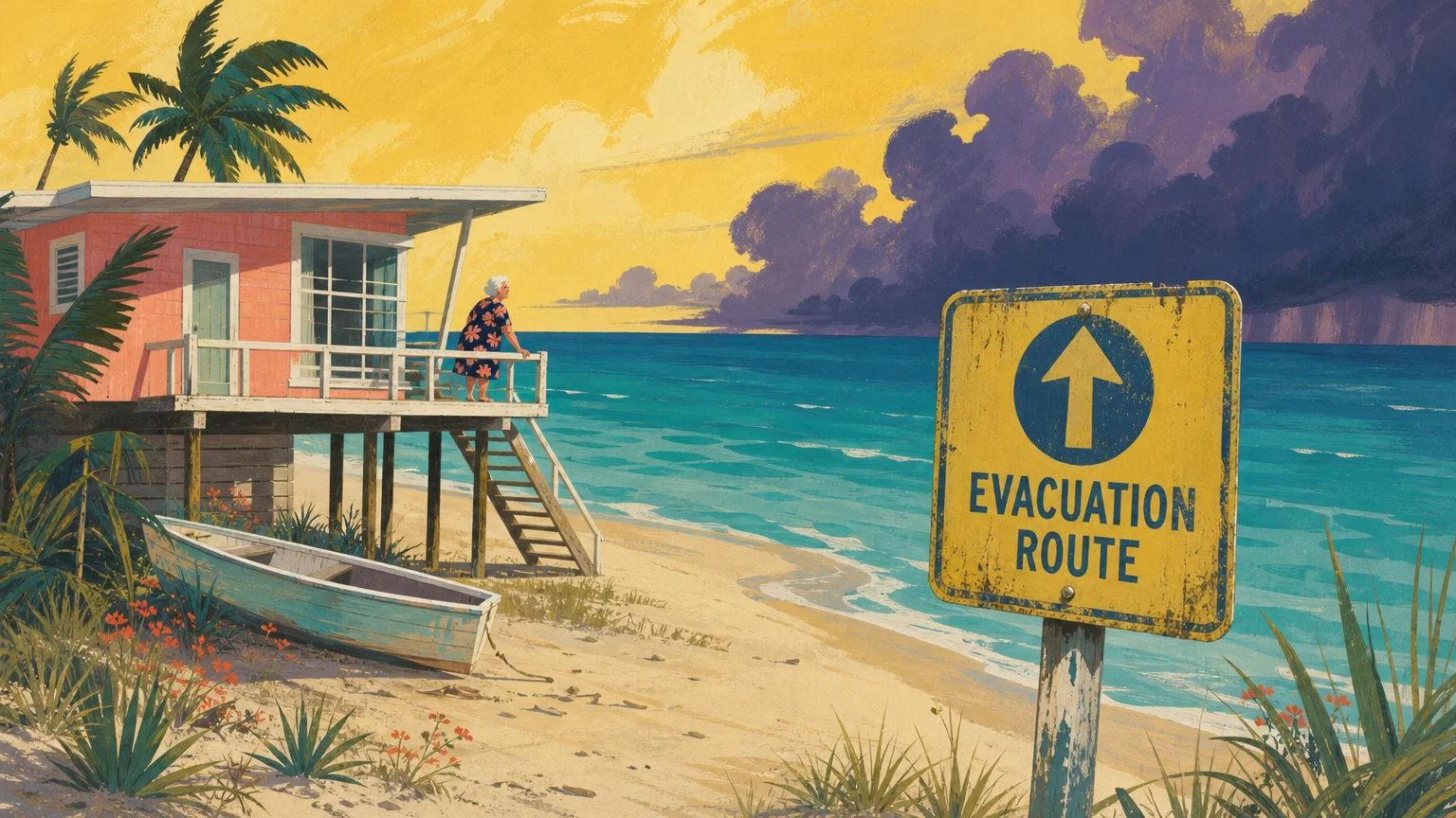 A gouache illustration of a beach house on stilts with a hurricane evacuation sign in the foreground.