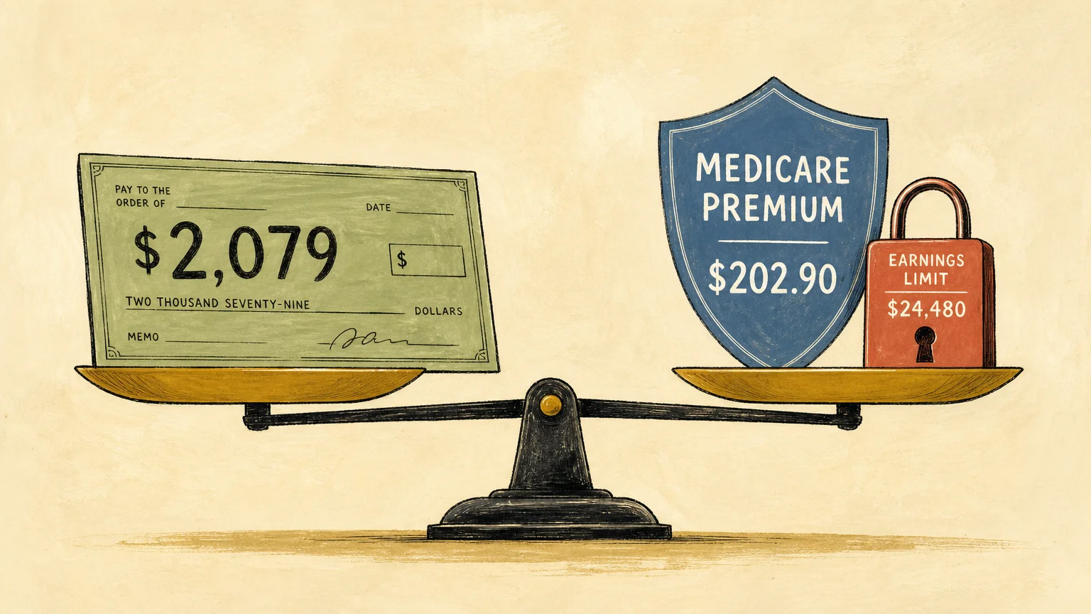 A gouache illustration of a scale balancing a check for $2,079 against a Medicare premium shield of $202.90 and an earnings limit lock.