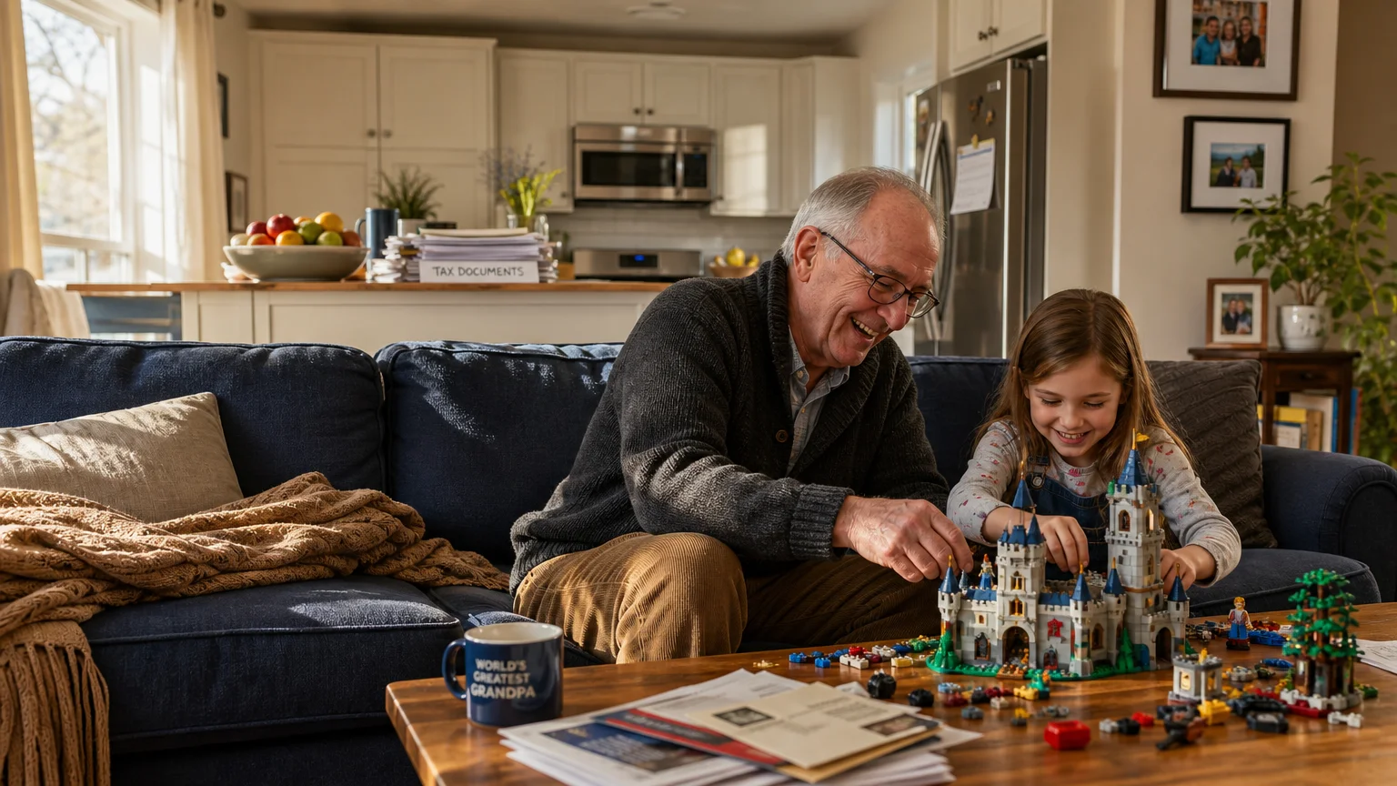 A grandfather and granddaughter play with building blocks in a sunny living room, symbolizing family support and tax credits.