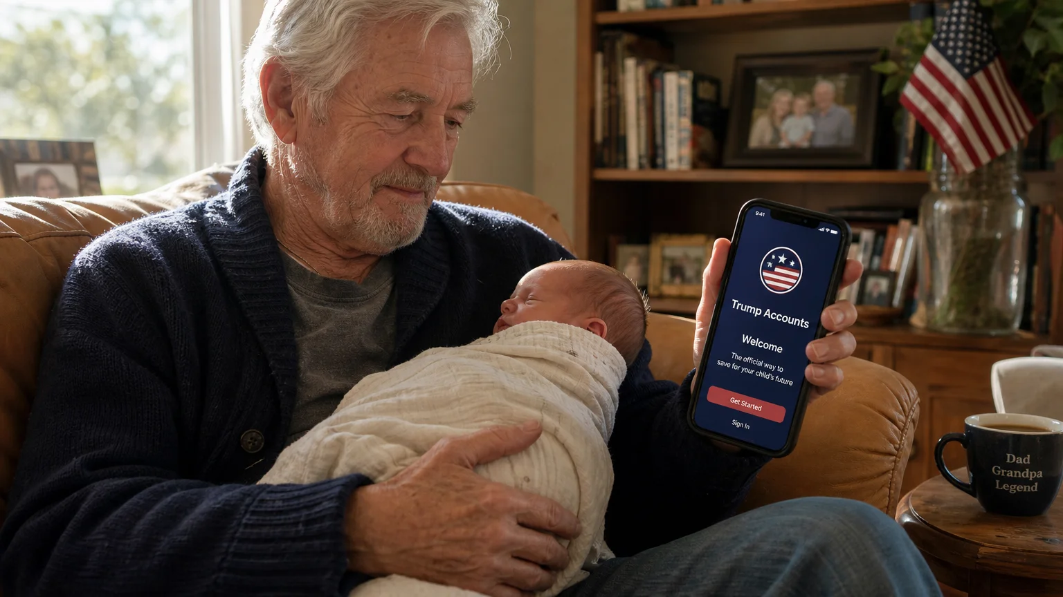 A grandfather holds a newborn baby while looking at the Trump Accounts app on his smartphone in a sunlit living room.