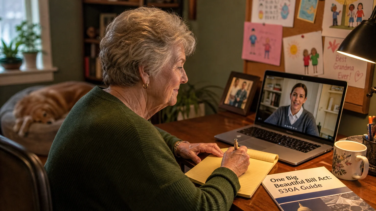 A grandmother sits at a desk in her home, consulting with a financial advisor via a video call on her laptop.