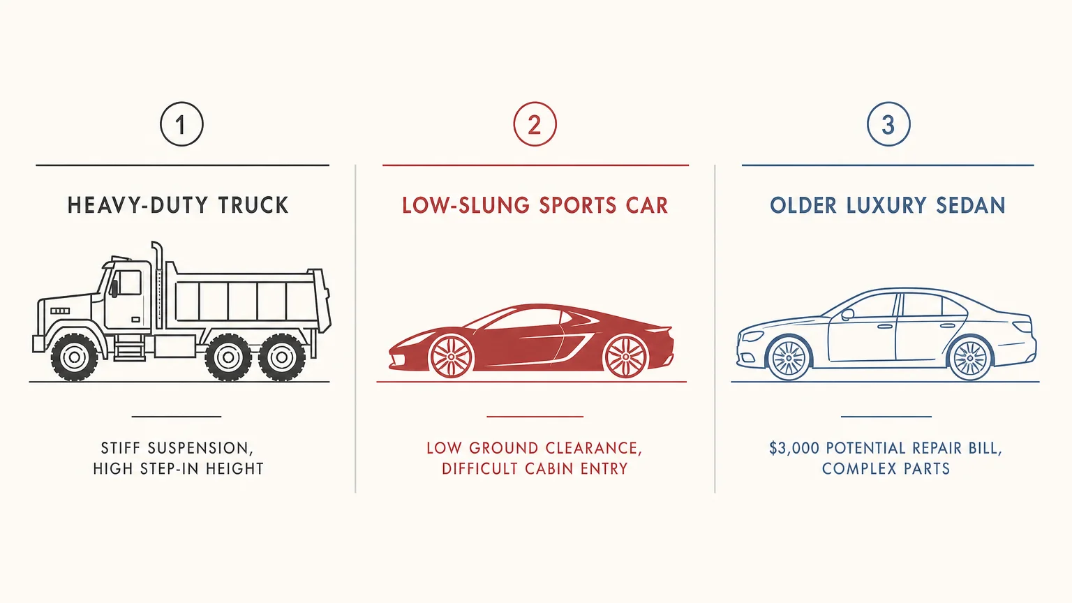 A horizontal infographic diagram comparing the physical and financial pitfalls of trucks, sports cars, and luxury sedans.