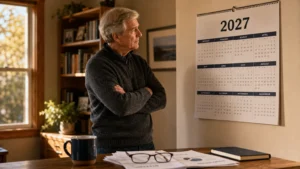 A man in a home office looks at a 2027 calendar, representing retirement planning and future Social Security changes.