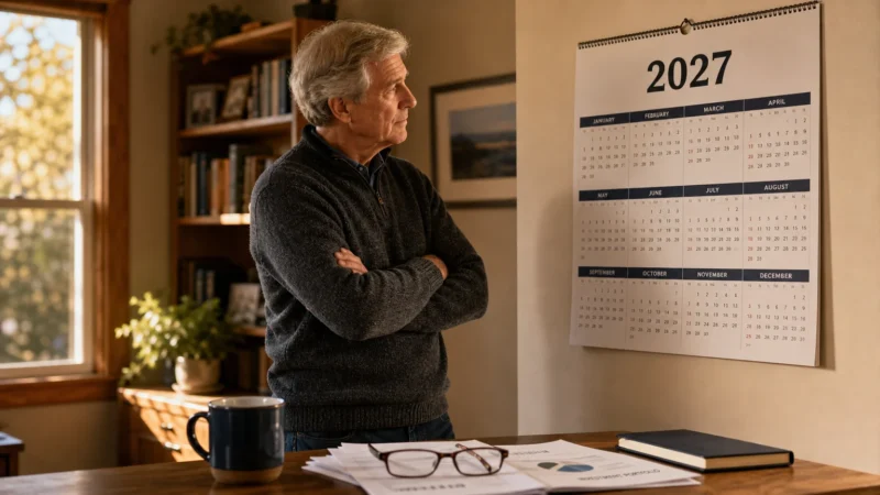 A man in a home office looks at a 2027 calendar, representing retirement planning and future Social Security changes.
