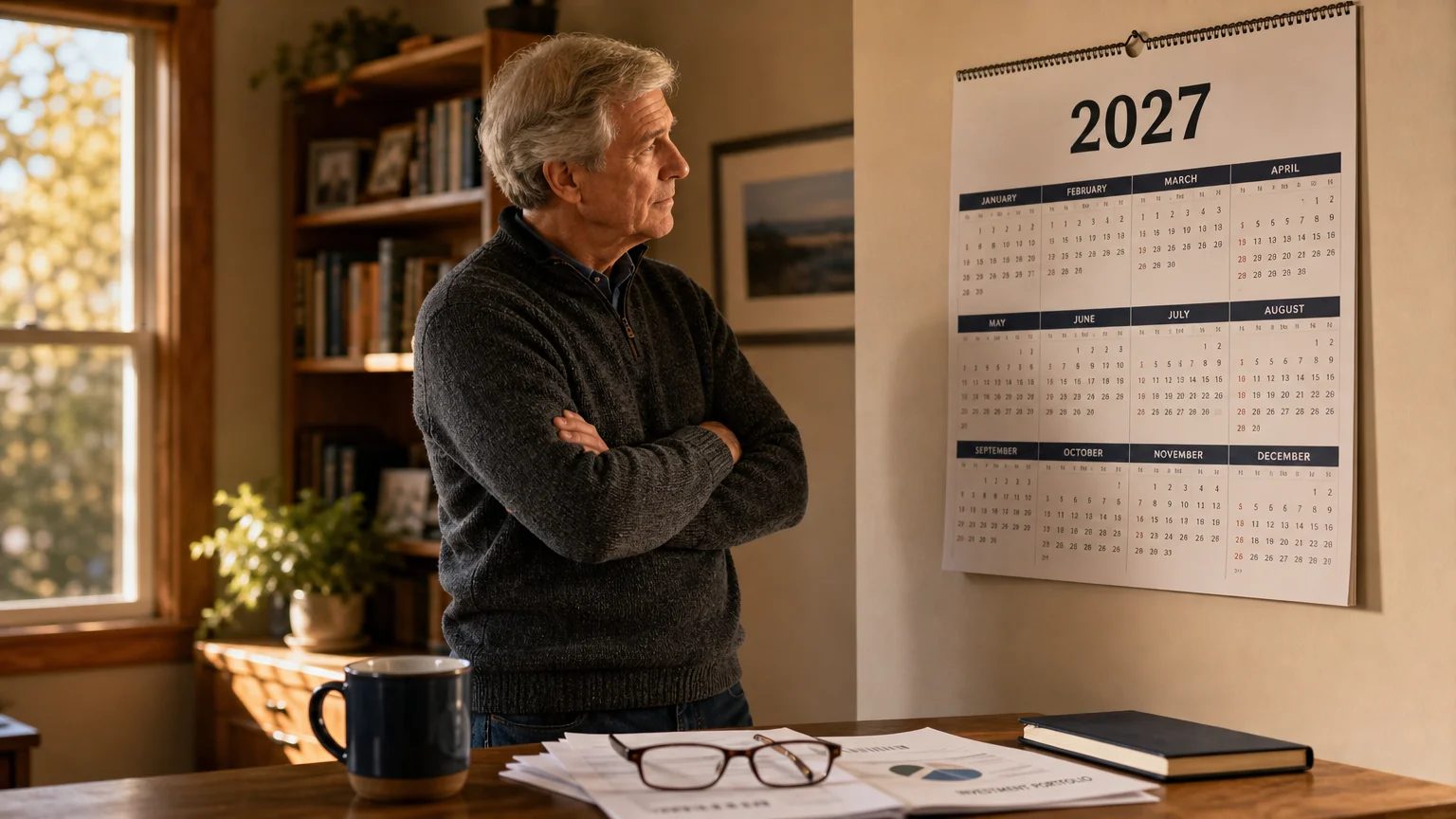 A man in a home office looks at a 2027 calendar, representing retirement planning and future Social Security changes.