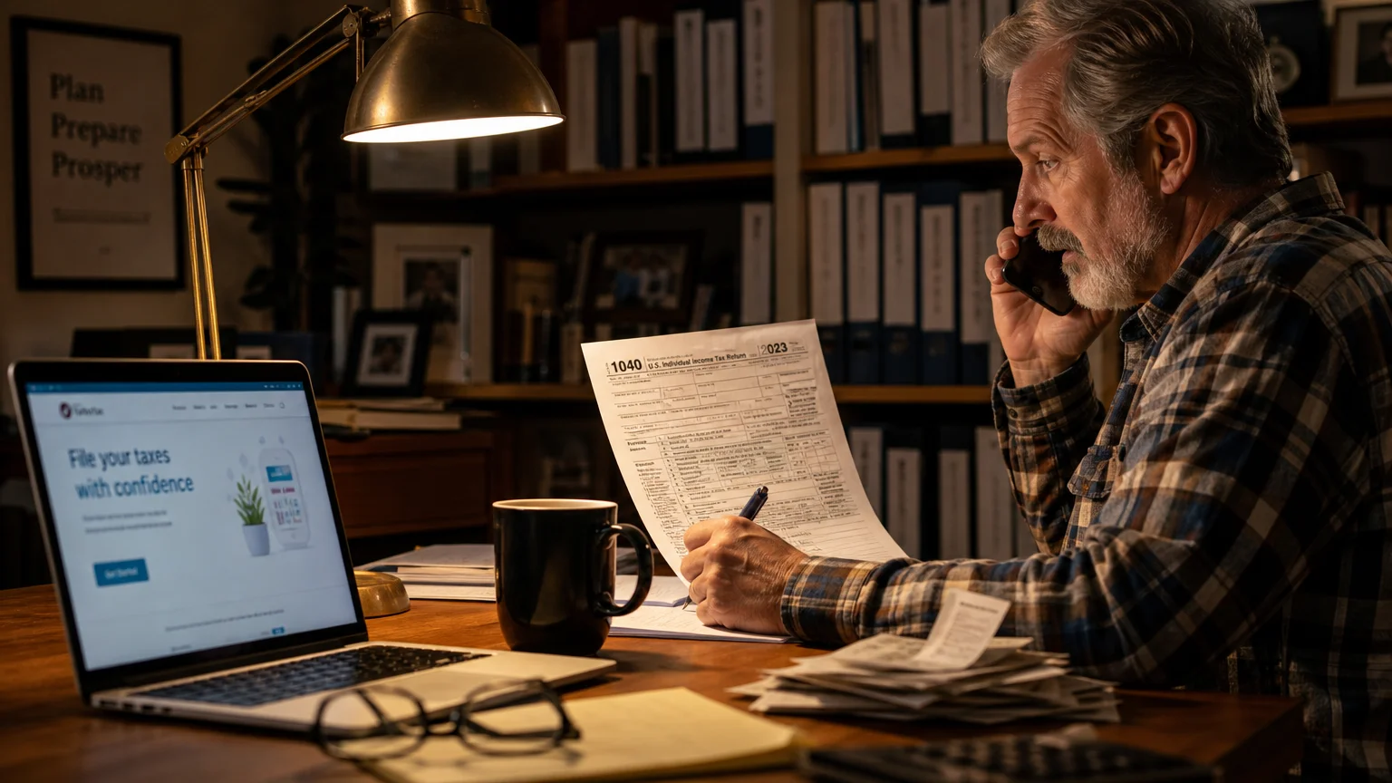 A man in a home office reviews tax forms by the light of a desk lamp, illustrating the effort of self-guided planning.