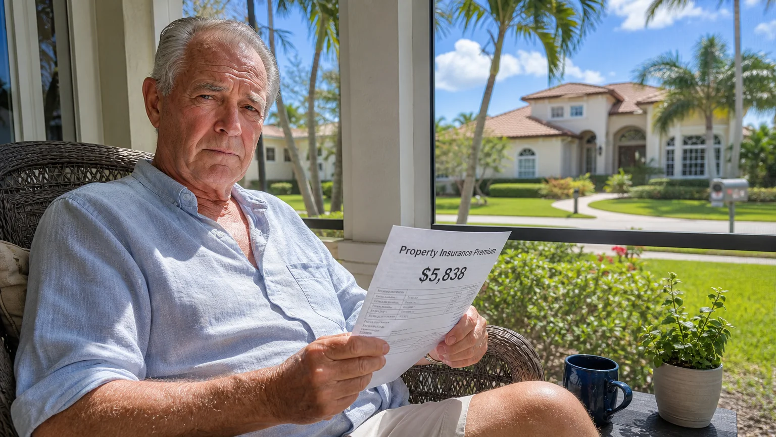 A man in Naples, Florida, holding an insurance bill for $5,838 with a concerned expression on his sunny porch.