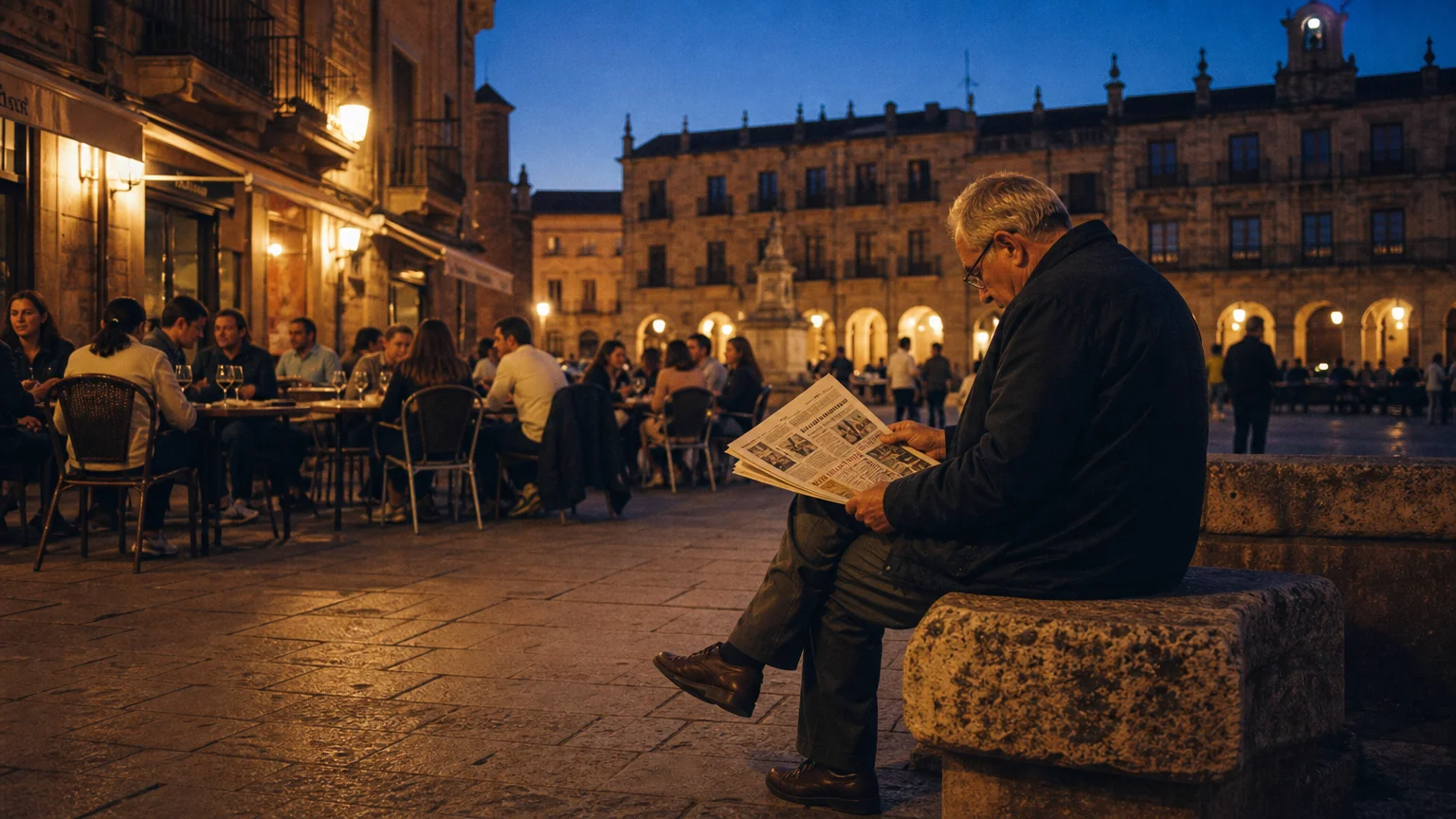 A man reading a newspaper in a Spanish plaza at dusk, surrounded by the vibrant social life of a tapas bar.