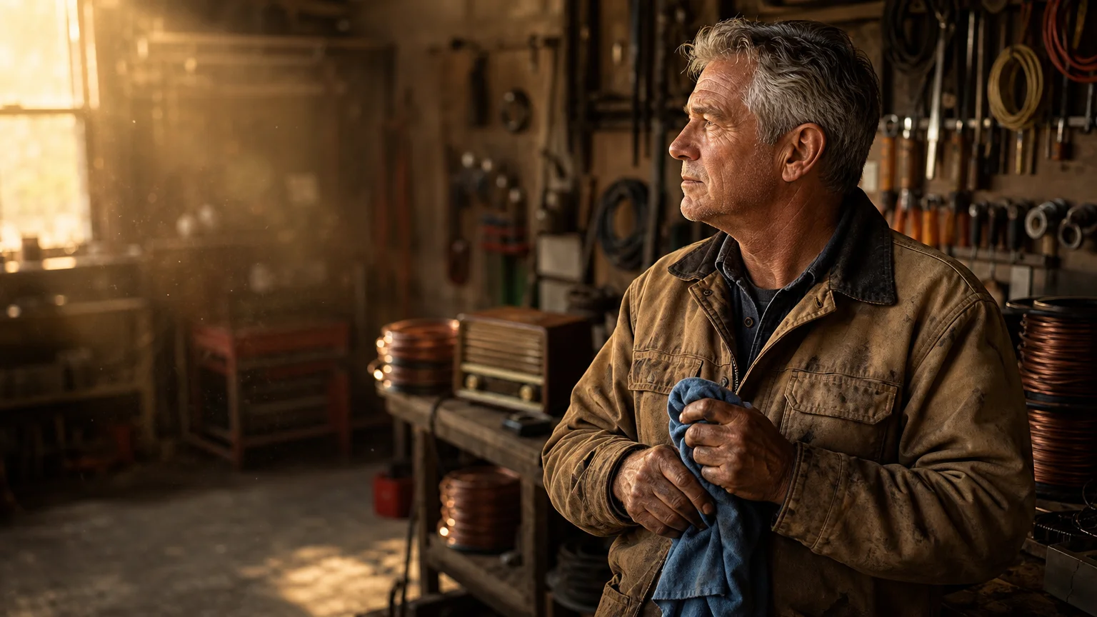 A mature freelance electrician in a sunlit workshop, looking thoughtfully toward a window during a work break.