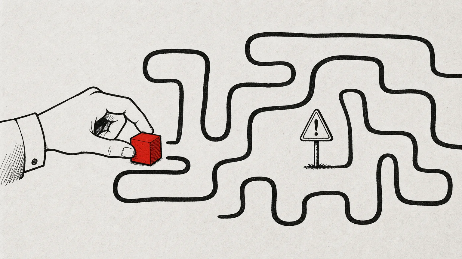 A minimalist ink sketch of a hand guiding a red block through a winding black maze on grey paper.