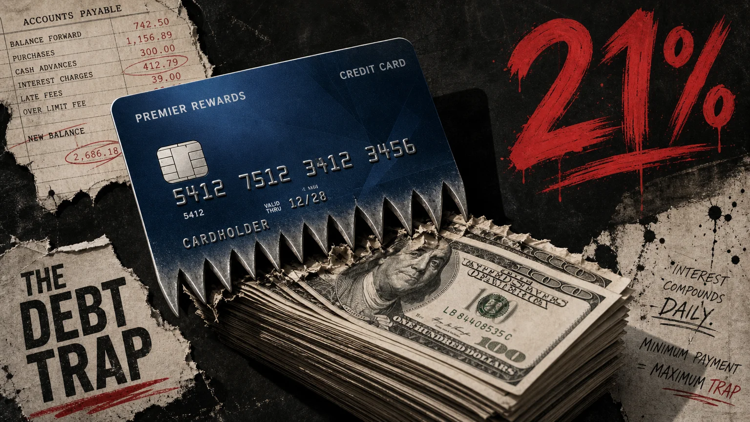 A mixed media collage of a credit card with sharp teeth biting into a stack of cash, with the number 21 percent hovering nearby.