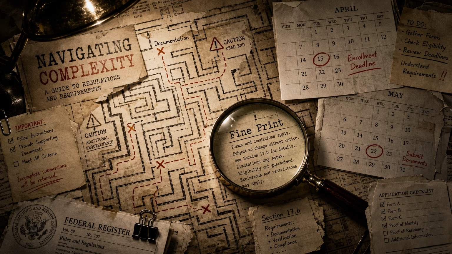 A mixed media collage of a maze, magnifying glass, and caution signs representing retirement planning pitfalls.