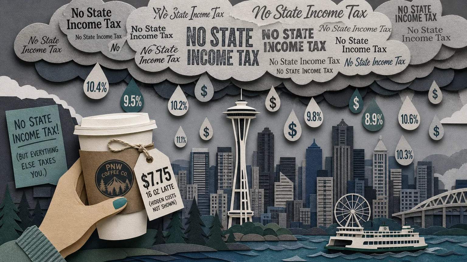 A mixed media collage of Seattle where 'No Income Tax' clouds drop expensive sales tax and cost-of-living raindrops.