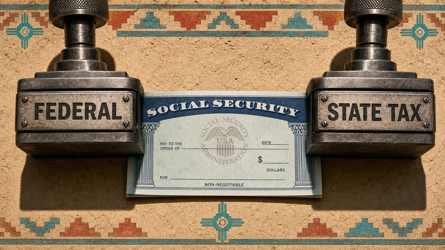 A mixed media piece showing a Social Security check being squeezed by two stamps labeled 'Federal' and 'State Tax'.