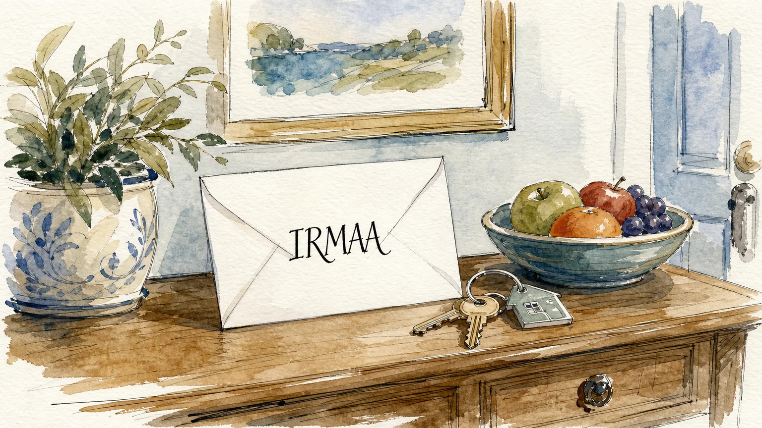 A New Yorker-style watercolor illustration of a mail envelope labeled 'IRMAA' on a hallway table.