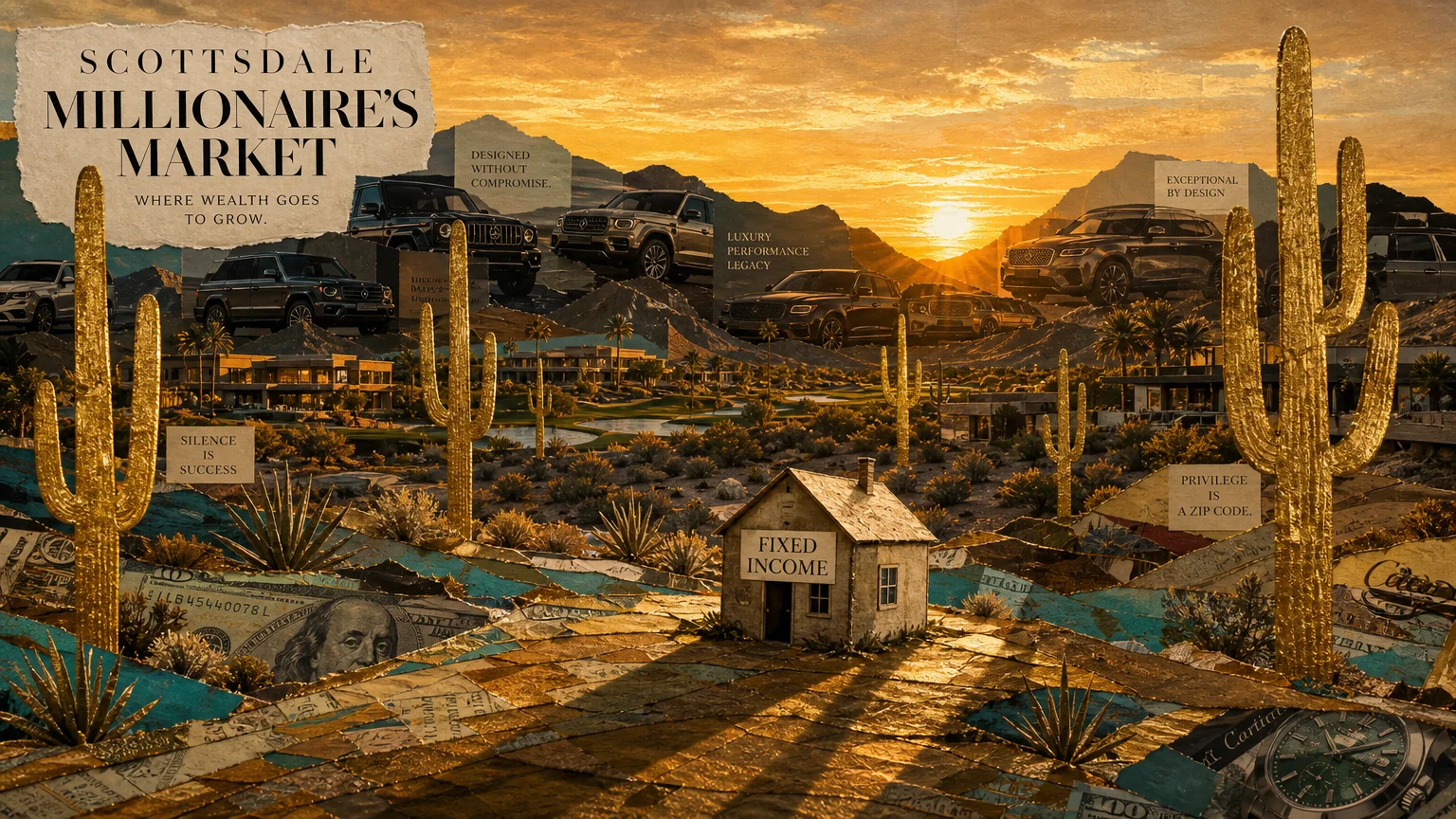 A paper-collage of a small house labeled 'Fixed Income' dwarfed by gold-leaf cacti and luxury car silhouettes in Scottsdale.