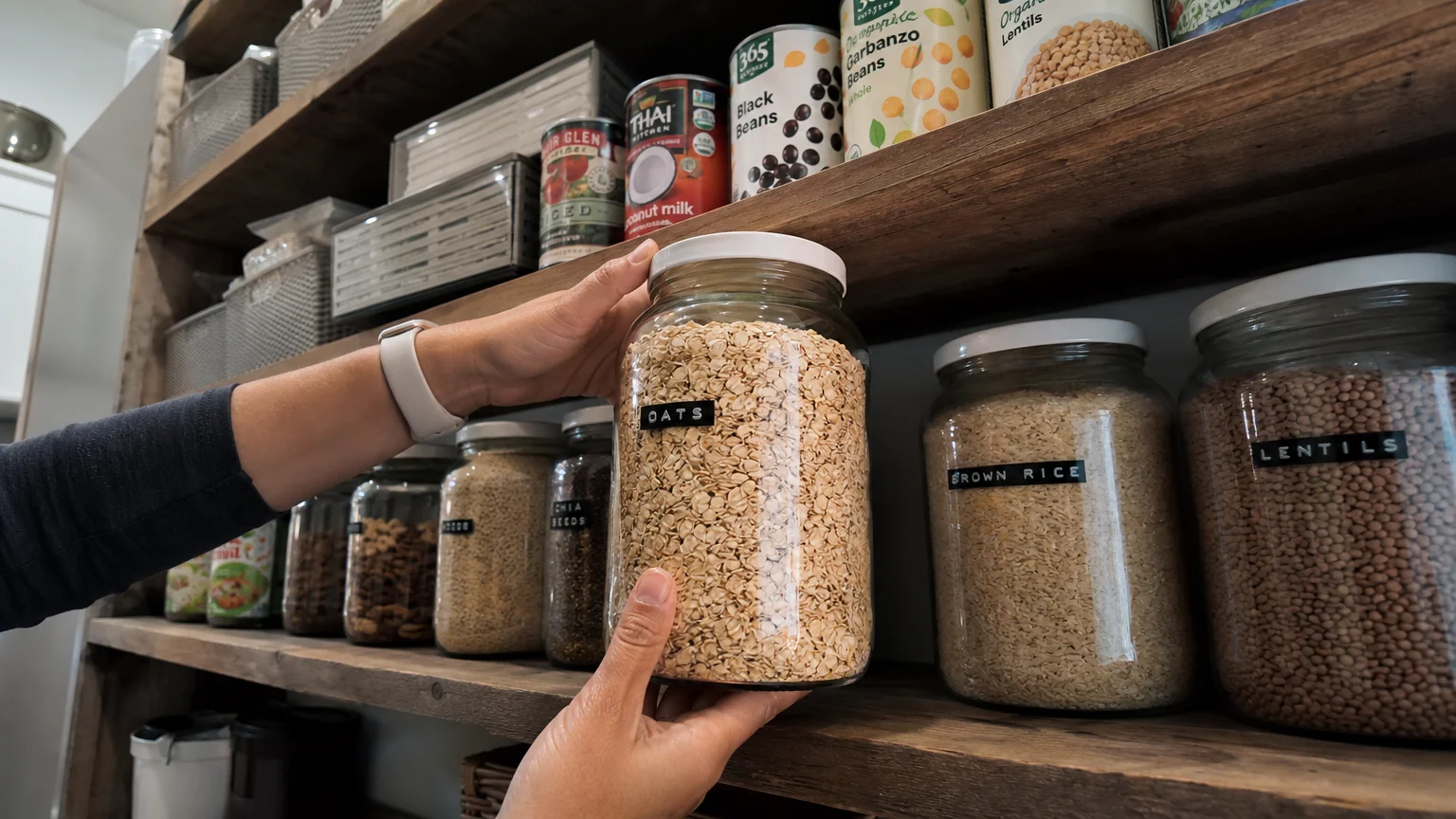A person organizes bulk grains and canned goods in a well-stocked kitchen pantry.