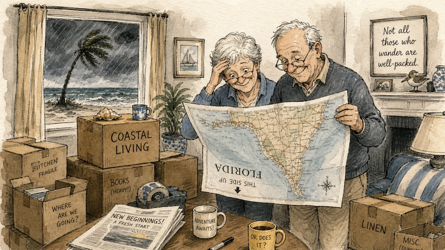 A playful watercolor illustration of a couple holding an upside-down map in a living room filled with moving boxes.