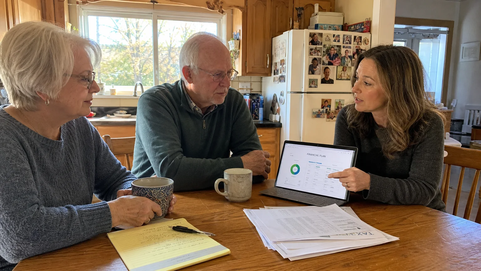 A retired couple and their advisor review paperwork around a warm, sunlit wooden kitchen table in a home environment.