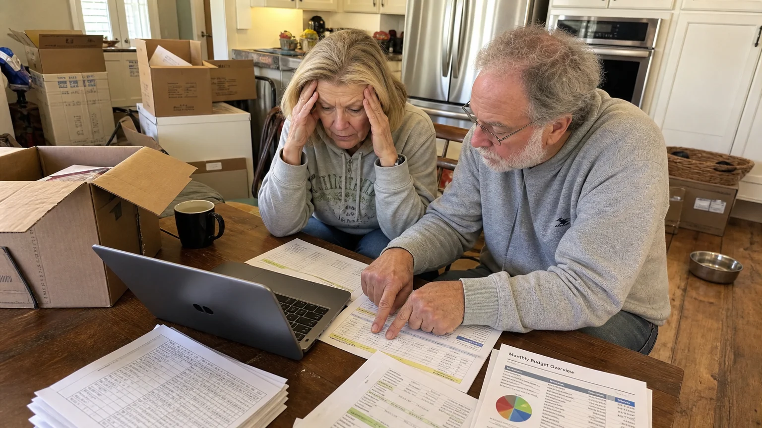 A retired couple at a messy kitchen table filled with moving boxes and spreadsheets, carefully planning their relocation.