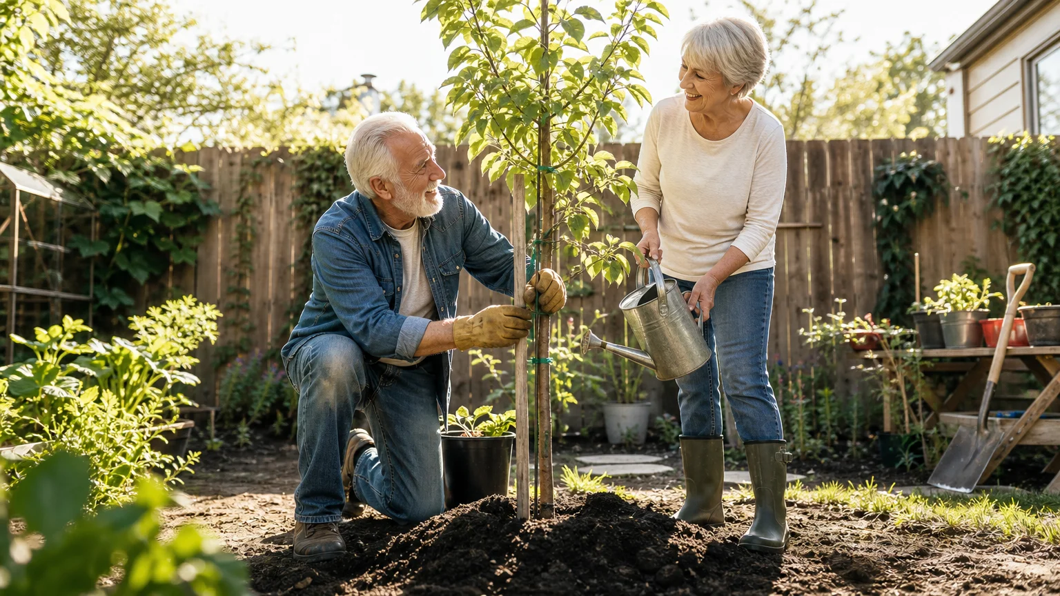 A retired couple cares for a young tree in their backyard, symbolizing the long-term growth of delayed claiming.