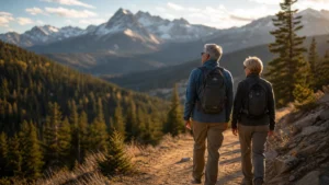 A retired couple hiking a mountain trail with snow-capped peaks in the background during golden hour.