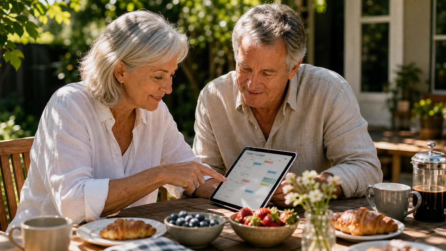 A retired couple in casual linen shirts smiles while looking at a tablet together on a sunny outdoor patio during breakfast.
