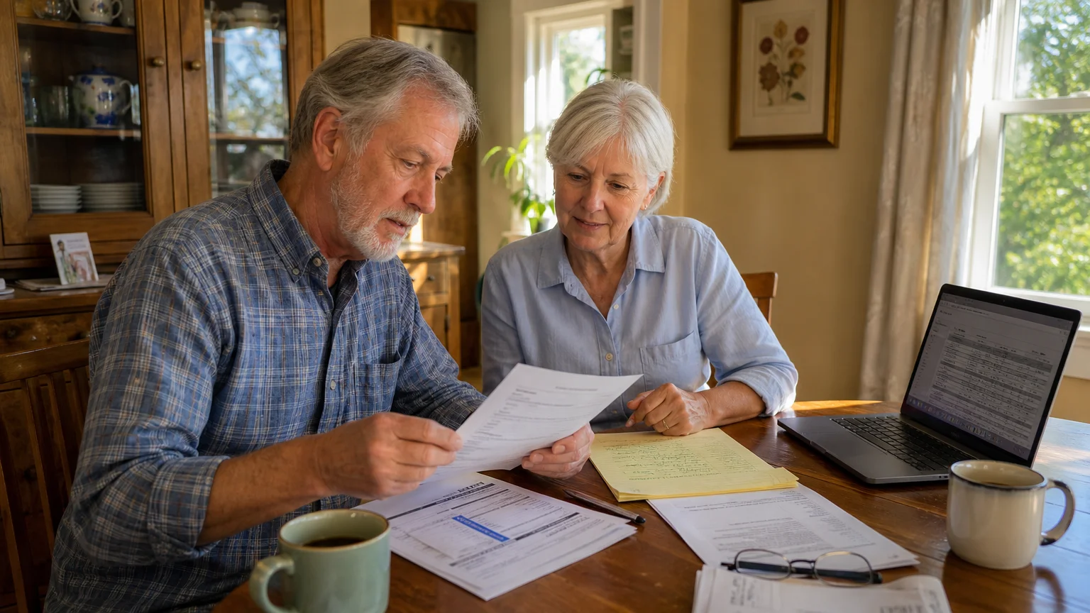 A retired couple reviews bills and notes at their kitchen table in warm morning light, discussing their long-term financial plan.