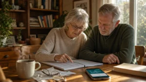 A retired couple reviews their budget documents together at a sunlit kitchen table in a warm, authentic home setting.