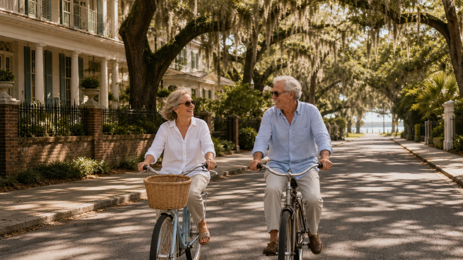 A retired couple rides bicycles down a historic Southern street lined with grand live oak trees and Spanish moss.