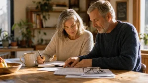 A retired couple sits together at a sunlit kitchen island, reviewing financial papers and planning their retirement budget.