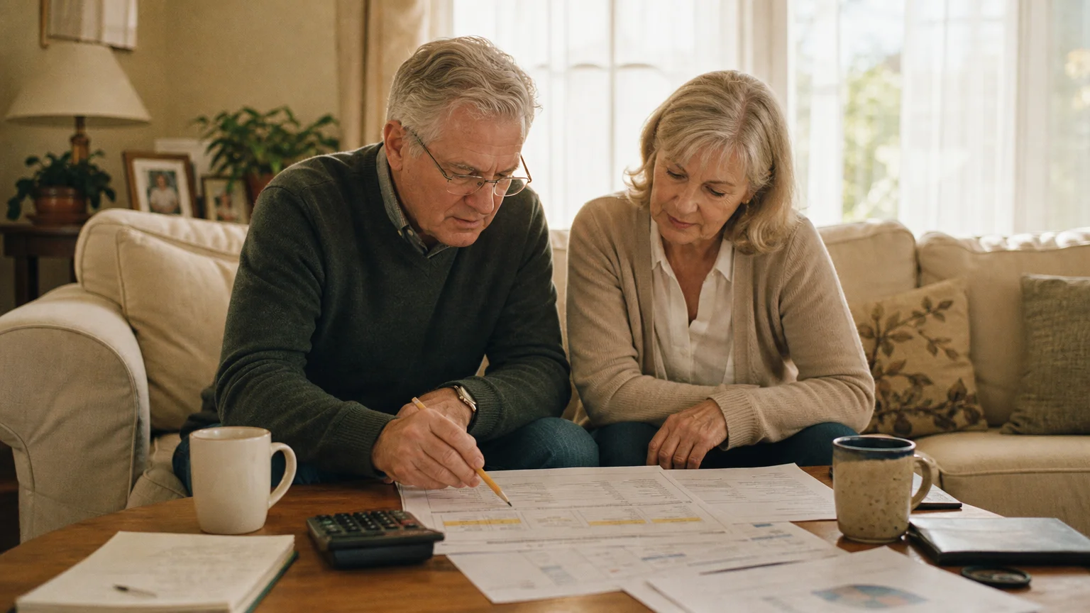 A retired couple sitting together on a living room couch, collaboratively reviewing a printed financial plan on their coffee table.