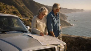 A retired couple stands near their car at a scenic coastal highway overlook, reviewing a paper road map in the warm evening light.