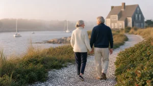 A retired couple walks along a scenic coastal path on a misty morning with a shingle-style cottage and sailboats in the background.