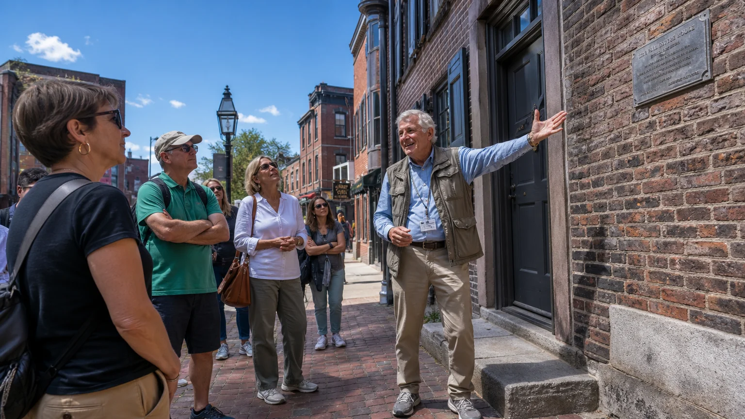 A retired male tour guide gestures toward a historic brick building while leading a small group of tourists.
