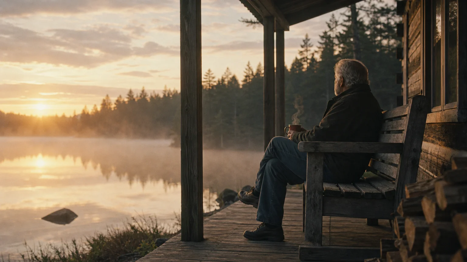 A retired man sits quietly on a porch bench at sunset, looking out over a calm lake.