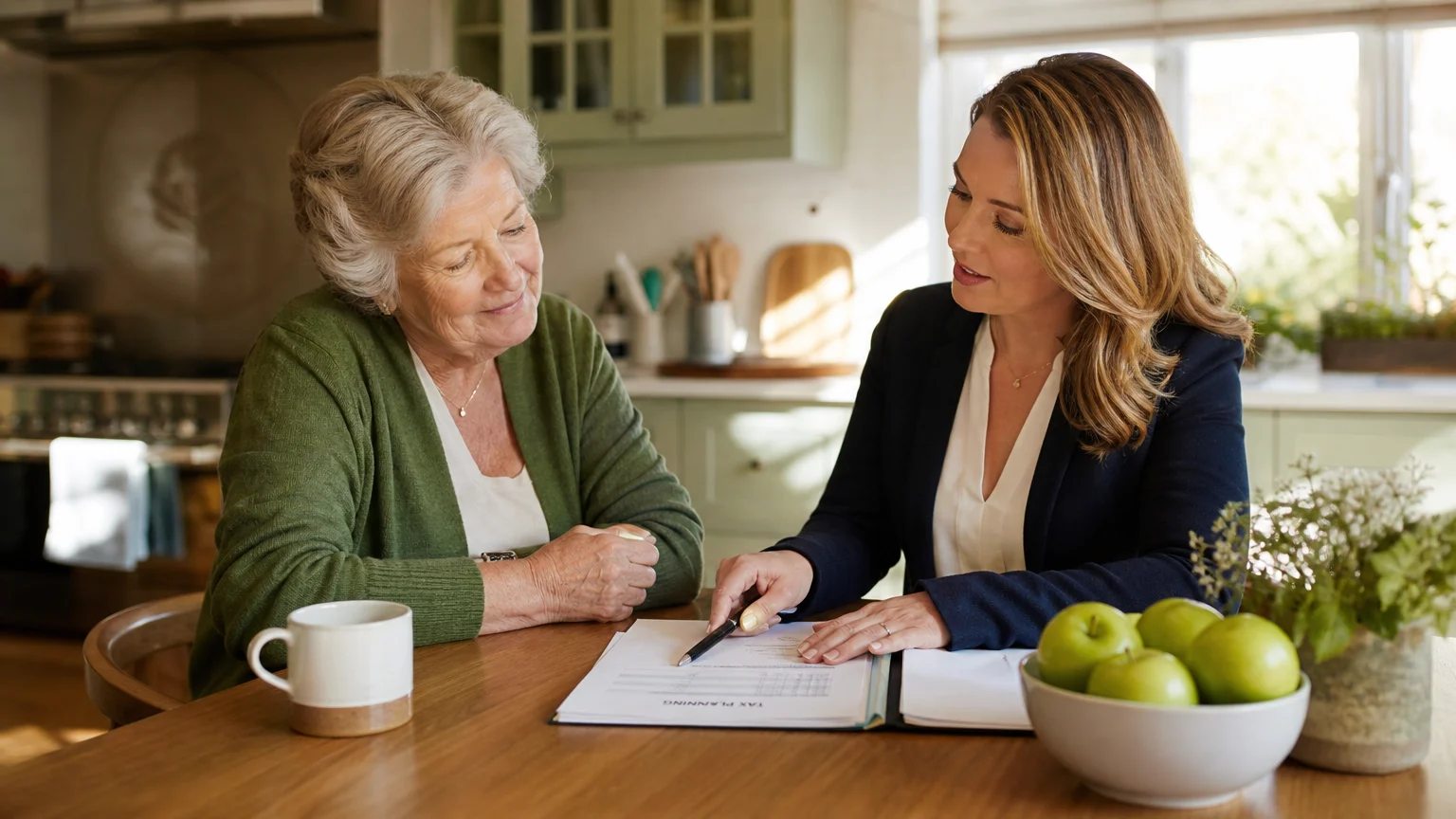 A retired woman in a green cardigan sits at her kitchen table discussing tax documents with a financial advisor.