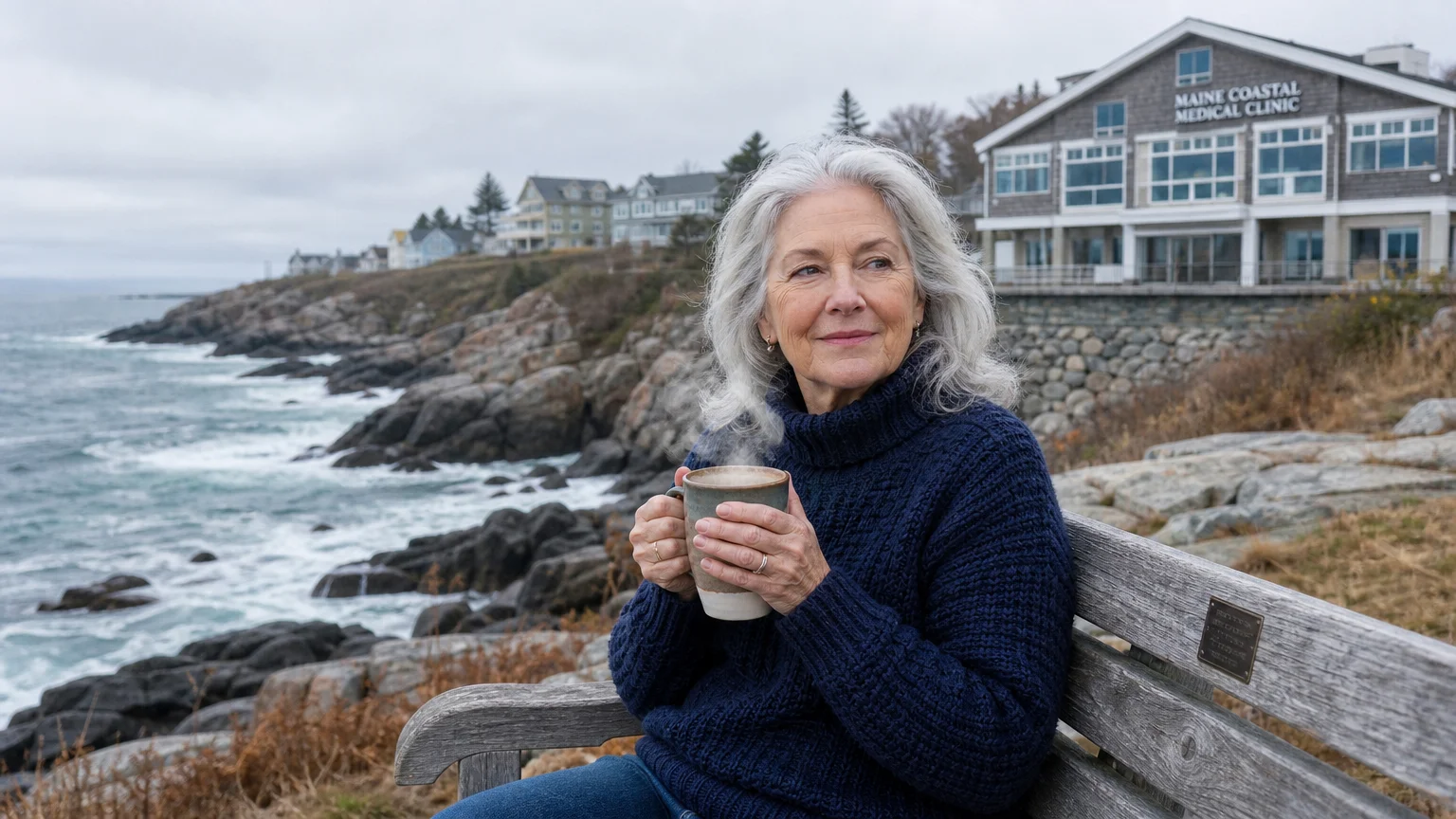A retired woman in a knit sweater sits on a bench overlooking a rugged Maine coast on a crisp morning.