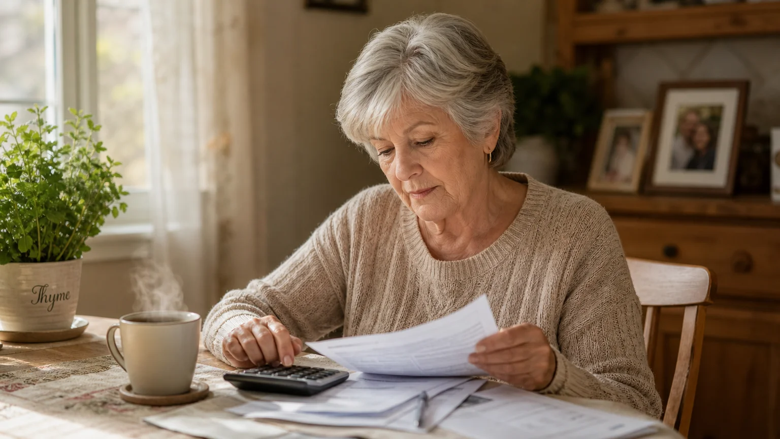 A retired woman reviews her tax documents at a sunlit kitchen table, planning for provisional income tax thresholds.