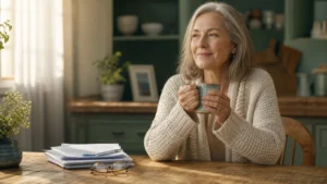 A retired woman smiles warmly at her kitchen table while holding a mug next to her financial planning papers.