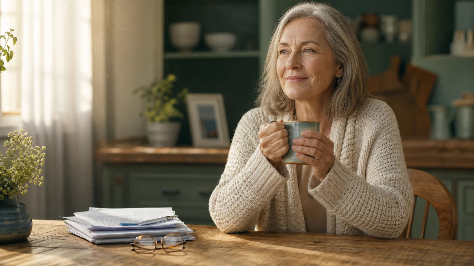 A retired woman smiles warmly at her kitchen table while holding a mug next to her financial planning papers.