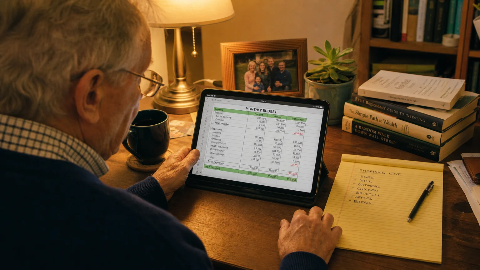 A retiree in a sweater reviews his budget on a tablet at his home desk with a notepad nearby.