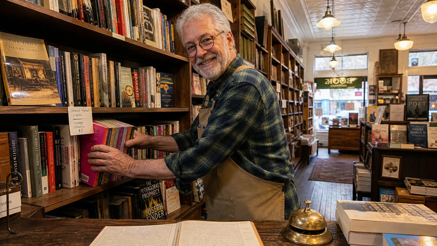 A retiree works happily in a cozy independent bookstore, shelving books in a warm, natural setting.