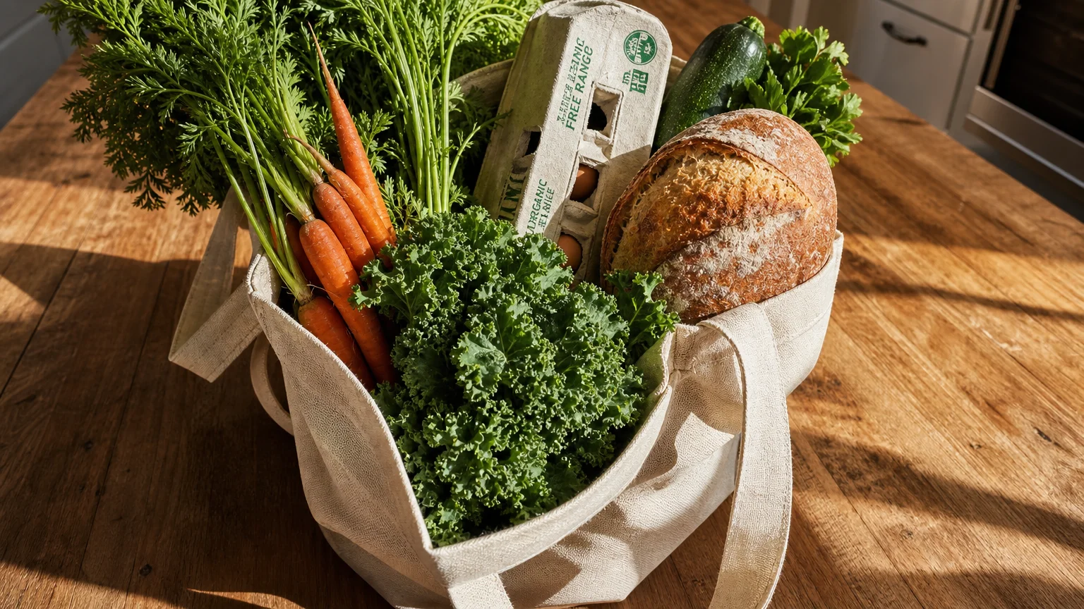 A reusable grocery bag on a kitchen counter is filled with fresh vegetables, eggs, and bread.