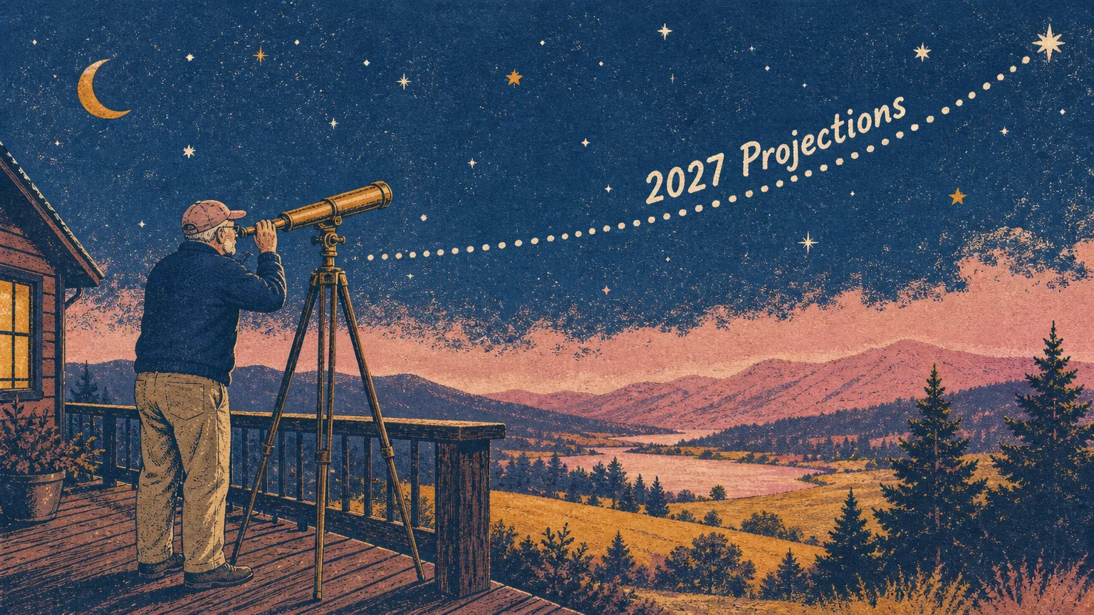 A risograph illustration of a man looking through a telescope at an upward-trending line labeled 2027 Projections.