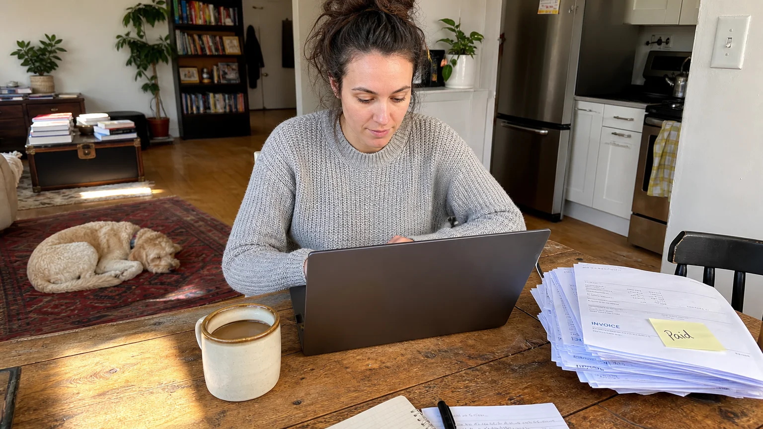 A self-employed woman working on her laptop at a kitchen table with invoices and coffee nearby.